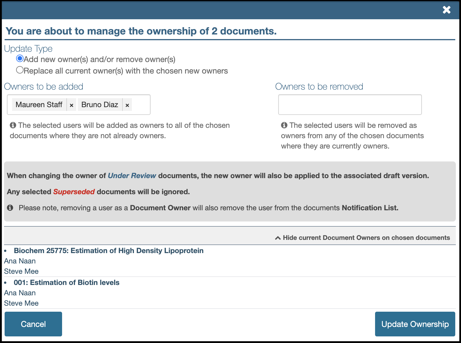 Image of the manage ownership Lightbox, expanded to display current document owners.