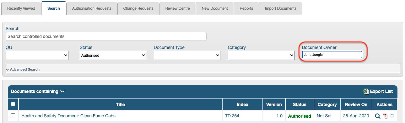 Image highlights the Document Owner search field of the Controlled Documents list. 