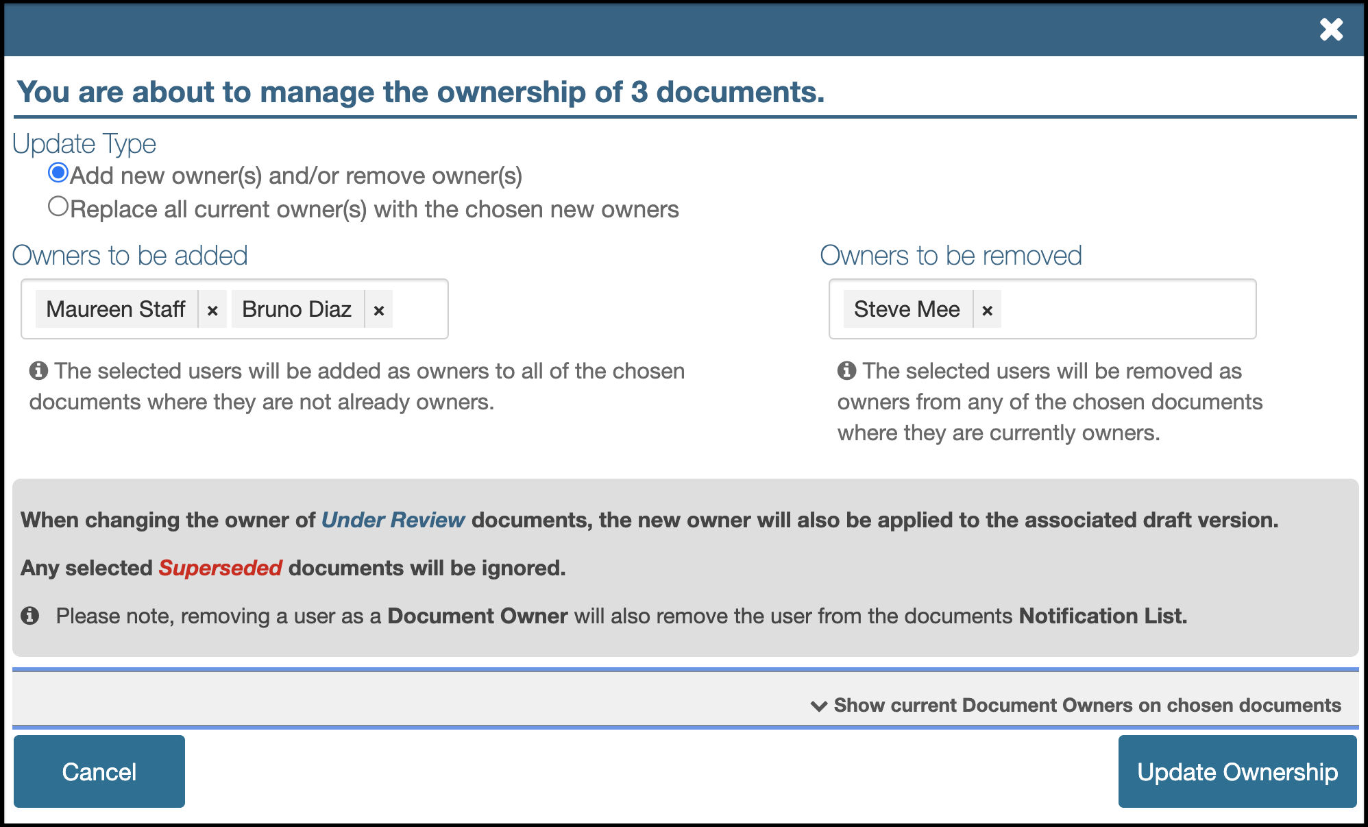 Similar image of the manage ownership Lightbox. This time is is not expanded and has a user selected in the removal field.