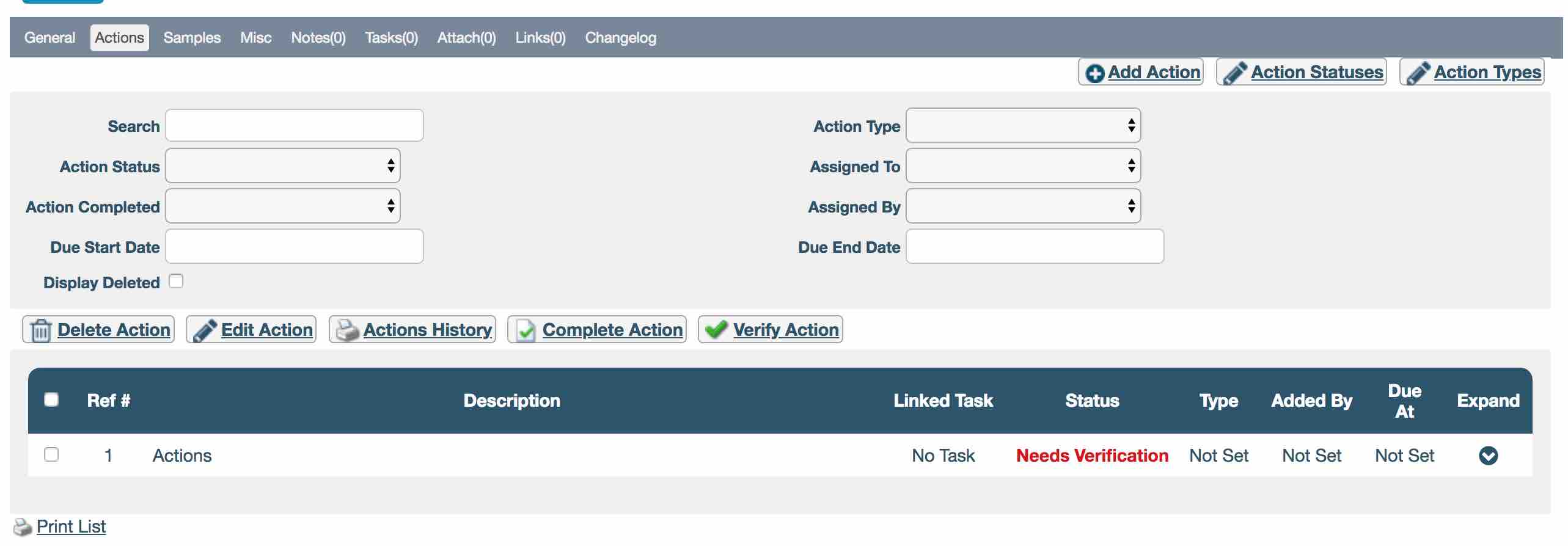 Actions tab showing the newly created action