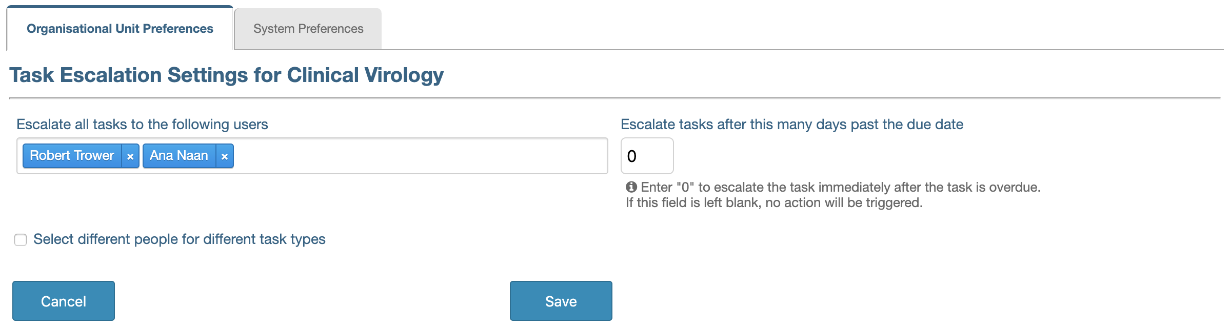 Image demonstrates adding 2 users to escalate all tasks too in the Task 	Escalation settings page.